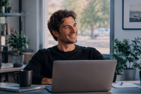 After: a relaxed professional smiling at his laptop in a bright, tidy office